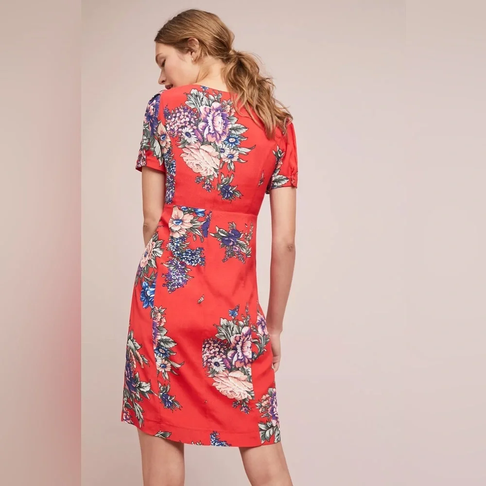 Anthropologie Maeve Caldwell Buttondown Dress Floral Red Boho Size 0 XXS XS